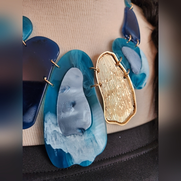 Black, Blue and Goldtone Statement Necklace with Earrings Set - Picture 5 of 15